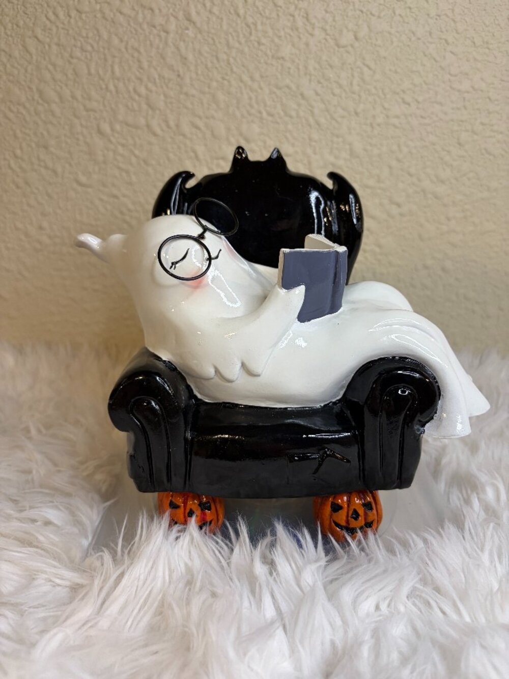 Halloween Ghost Reading Book Black Chair Pumpkin Figurine Decor NWT